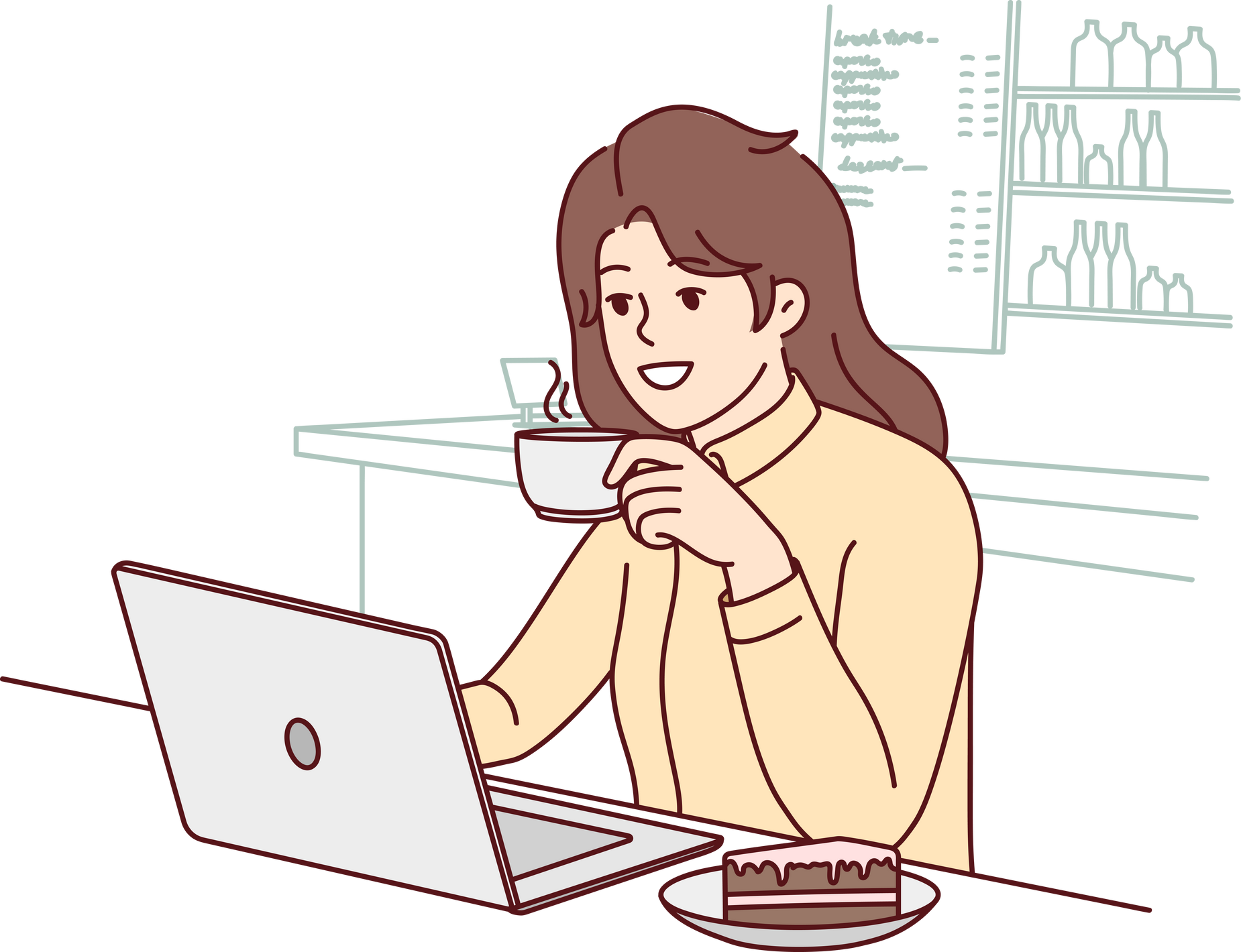 Smiling Woman Drink Coffee Work on Laptop in Cafe