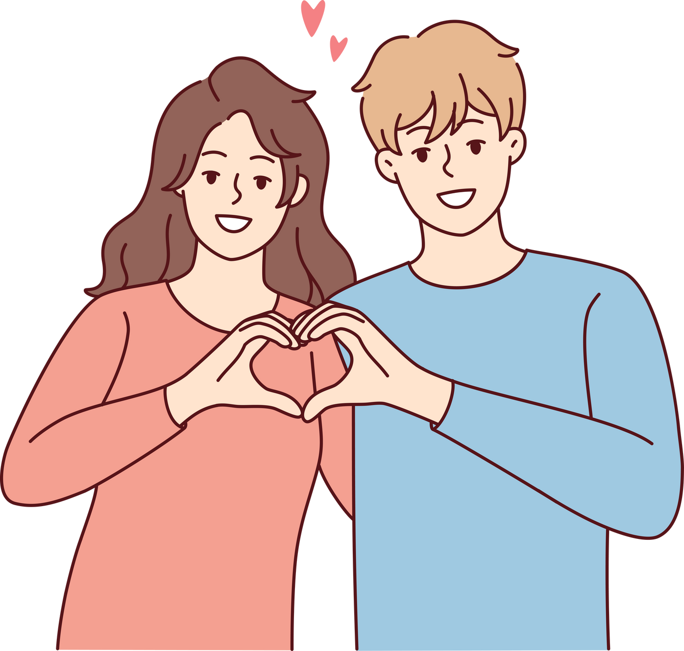 Smiling couple show heart hand gesture
